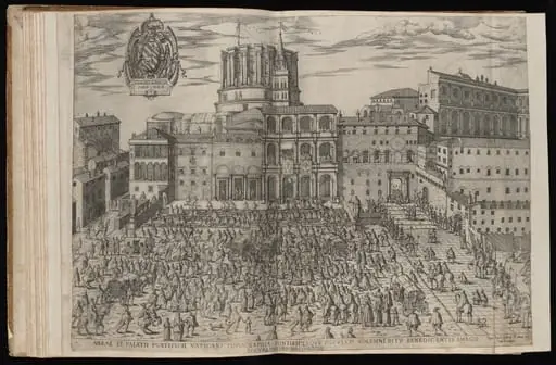 Areae et Palatii Pontificii Vaticani Topographia [A Papal Blessing in Saint Peter Square], by Étienne Dupérac