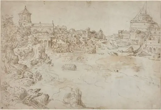 View of the Castle Sant'Angelo and the Ospedale di Santo Spirito [recto], by Étienne Dupérac