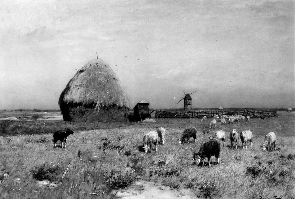 Landscape near Cayenz with a Sheepdog and Flock, by Eugen Jettel, oil, 1895