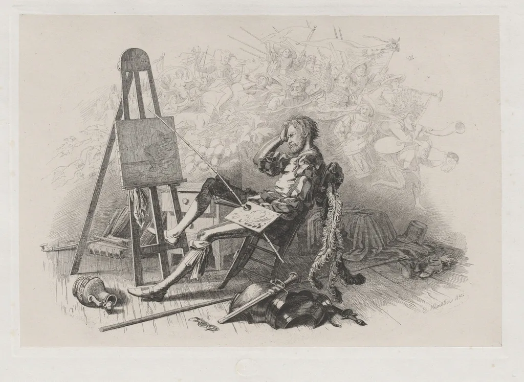 Morning after the Masked Ball: Emil Theodor Richter at His Easel, by Eugen Napoleon Neureuther, ink, 1840