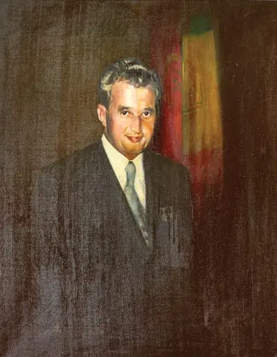 Tablou, ulei pe pânză, Portretul lui Nicolae Ceaușescu, nesemnat, atribiut lui Eugen Palade. Nicolae Ceaușescu cu două însemne de ”Erou al Republicii Socialiste România”, în spatele său steagul cu stema RSR și steagul PCR. Comandat și oferit de Ministerul de Interne, Direcția de Securitate și Gardă, 25 ianuarie 1978., by Eugen Palade