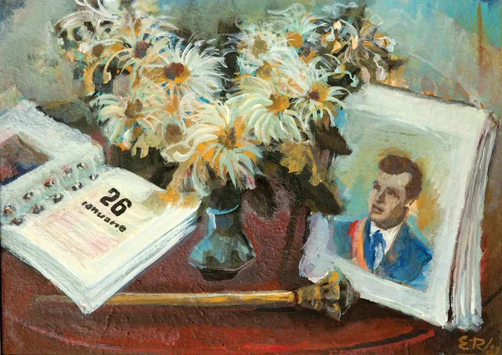 Tablou ,„Marea Aniversare” , semnat E.R. (Eugen Rascenco) și datat 1987 drepta jos. ”Marea Aniversare” se referă la data de 26 ianuarie, ziua de naștere a lui Nicolae Ceaușescu, data prezentată si pe agenda reprezentată în tablou alături de portrertul lui N.Ceaușescu, sceptrul prezidențial și o vază cu flori. Comandat de Comitetul Județean de Partid Vaslui (1987)., by Eugen Rascenco