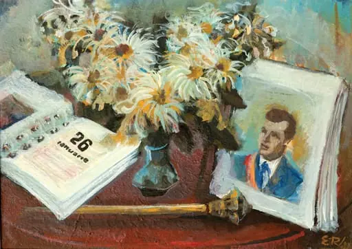 Tablou ,„Marea Aniversare” , semnat E.R. (Eugen Rascenco) și datat 1987 drepta jos. ”Marea Aniversare” se referă la data de 26 ianuarie, ziua de naștere a lui Nicolae Ceaușescu, data prezentată si pe agenda reprezentată în tablou alături de portrertul lui N.Ceaușescu, sceptrul prezidențial și o vază cu flori. Comandat de Comitetul Județean de Partid Vaslui (1987)., by Eugen Rascenco