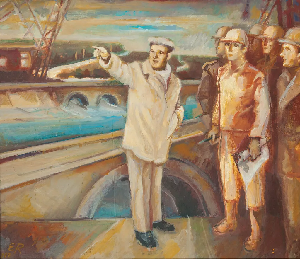 Tablou, ulei pe pânză, „Epoca marilor împliniri”, semnat E.R. și datat 1987 în partea stângă jos, atribuit lui Eugen Rascenco. Nicolae Ceaușescu este prezentat în timpul unei vizite de lucru, dând indicații muncitorilor. Comandat și oferit de Comitetul Județean de Partid Vaslui, 1987., by Eugen Rascenco