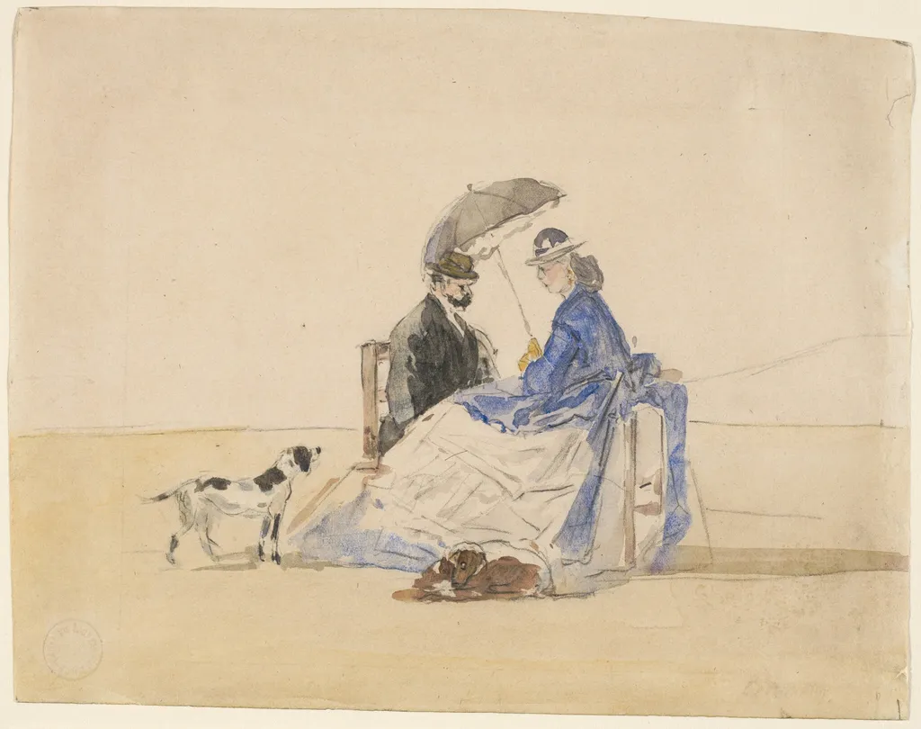 A Couple Seated on the Beach with Two Dogs, by Eugène Boudin, graphite, 1865