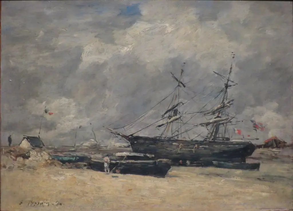 Bateaux de pêche sur la plage. Trouville, marée basse, by Eugène Boudin