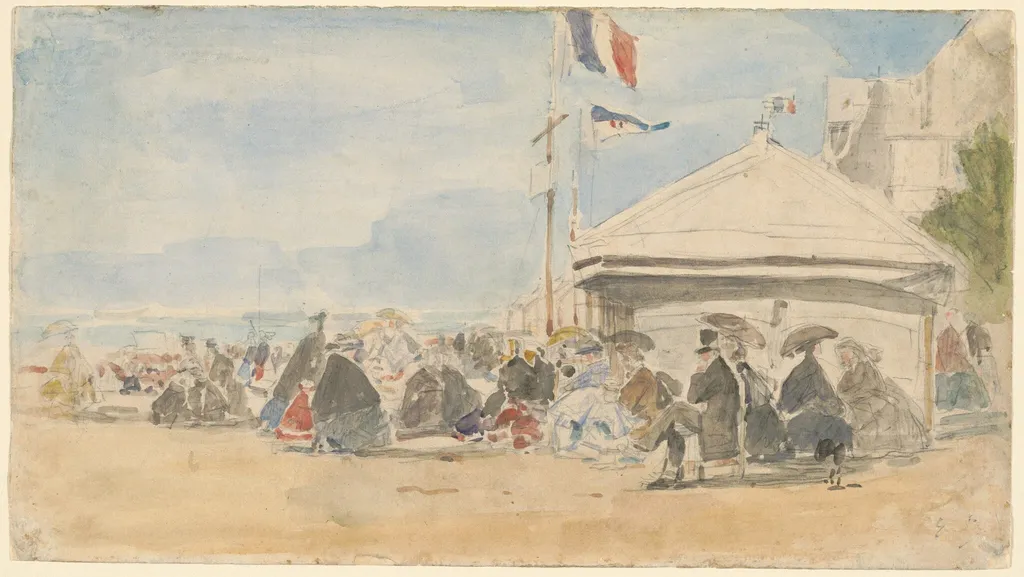 Beach House with Flags at Trouville, by Eugène Boudin, graphite, 1865