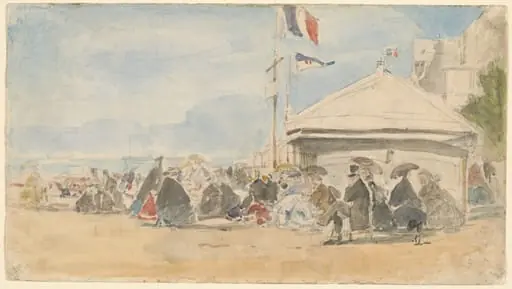 Beach House with Flags at Trouville, by Eugène Boudin