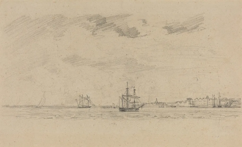 Coastal Landscape with Shipping, by Eugène Boudin, graphite, 1858