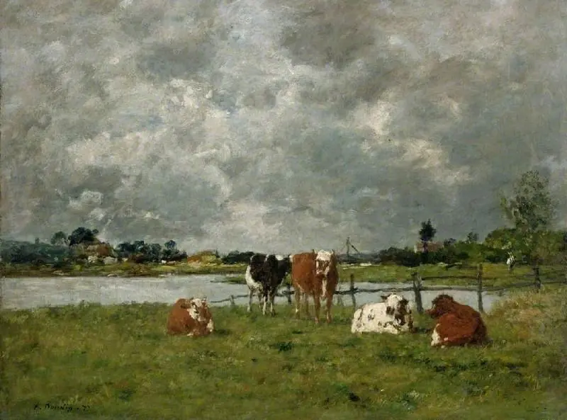 Cows in a field under a stormy sky, 1877, by Eugène Boudin