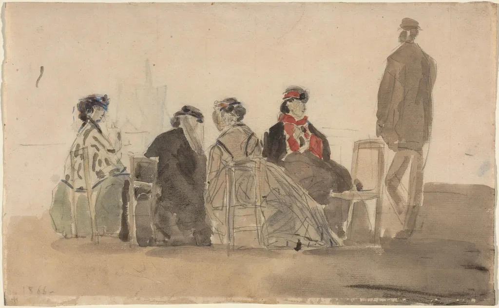 Four Ladies Seated at Trouville, by Eugène Boudin, chalk, 1866