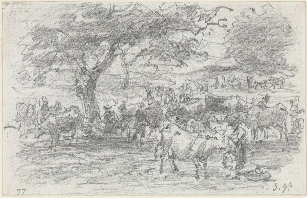 Herdsmen and Cattle, by Eugène Boudin, graphite, 1877