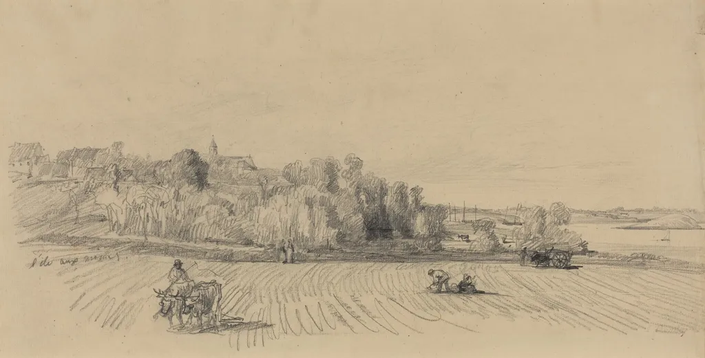 L'Ile aux Moines with Workers in a Field, by Eugène Boudin, graphite, 1858