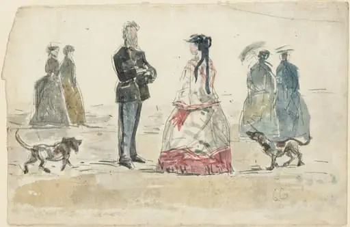 Ladies and Gentleman Walking on the Beach with Two Dogs, by Eugène Boudin