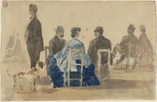 Ladies and Gentlemen Seated on the Beach with a Dog, by Eugène Boudin