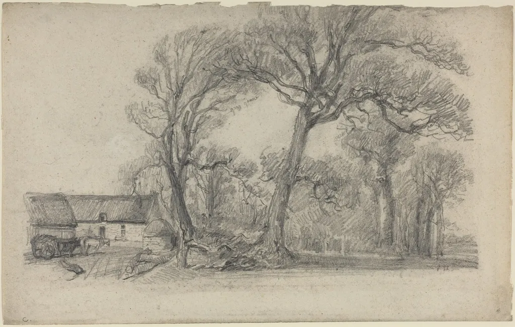 Landscape with Trees, Cottage, and Farm Wagon, by Eugène Boudin, graphite, 1858