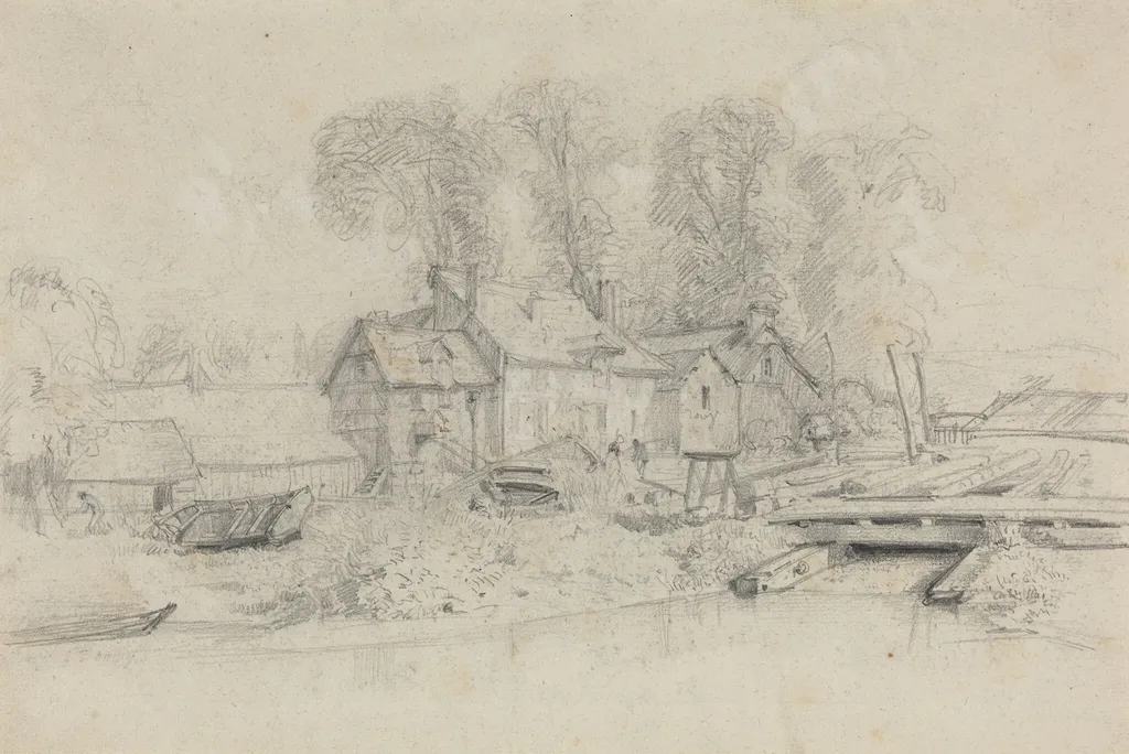 River Landscape with Buildings, Boats, and Figures, by Eugène Boudin, graphite, 1858