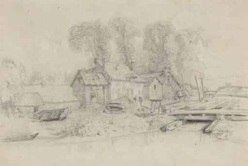 River Landscape with Buildings, Boats, and Figures, by Eugène Boudin