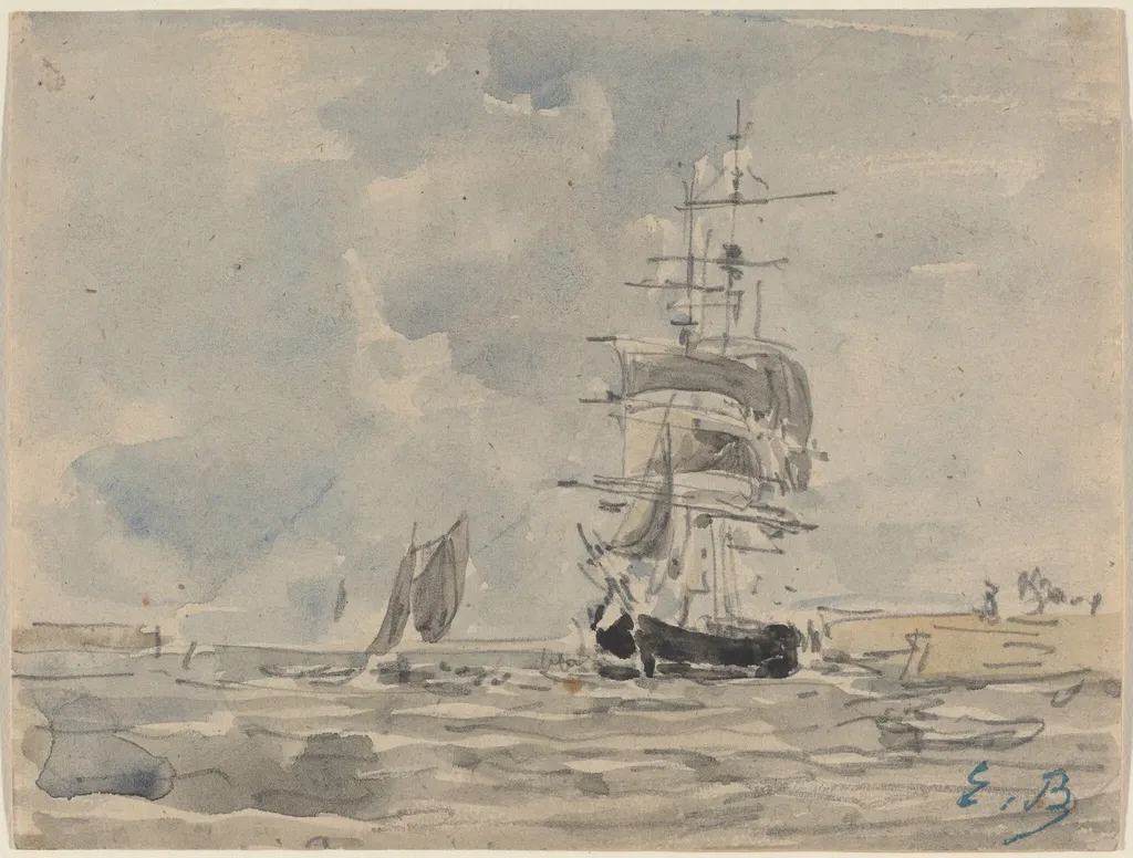 Seascape with Sailing Vessel, by Eugène Boudin, graphite, 1875