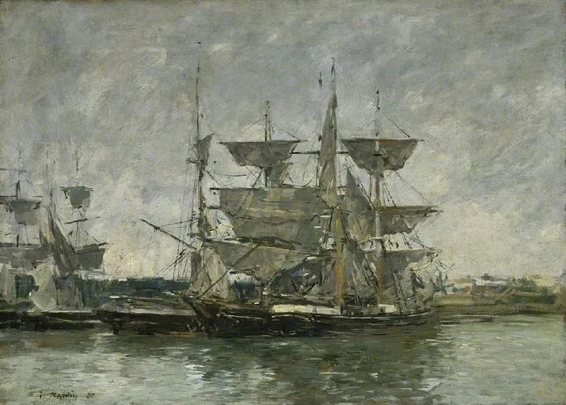 Ships at dock, Deauville, by Eugène Boudin, oil, 1891