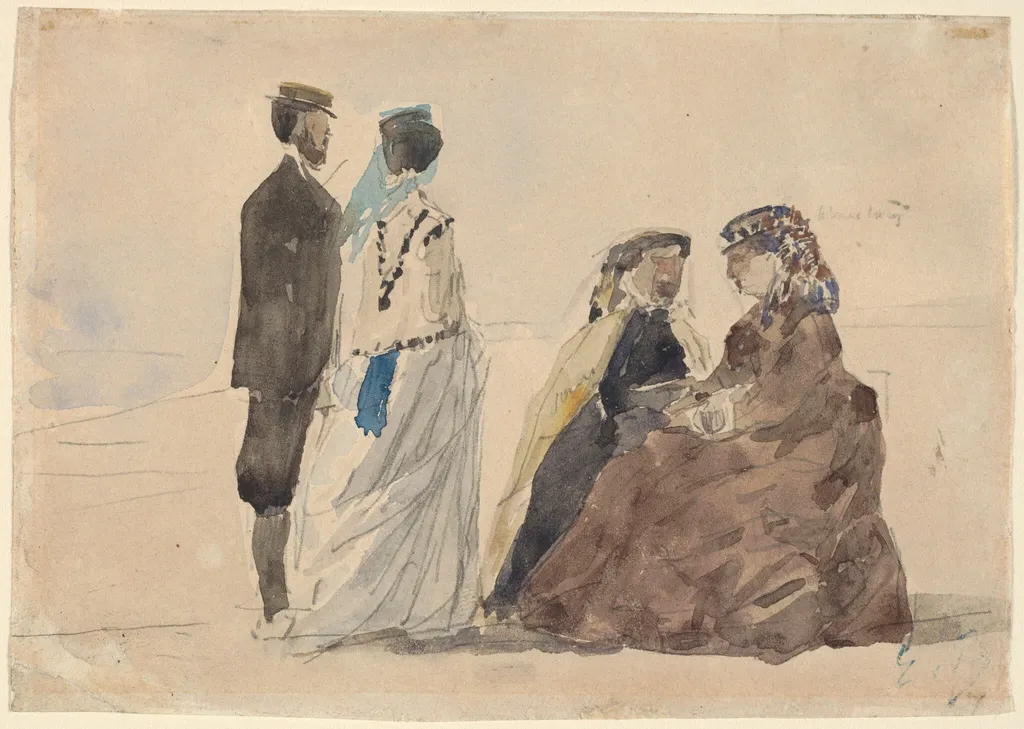 Two Ladies Seated and a Couple Walking on the Beach, by Eugène Boudin, graphite, 1866