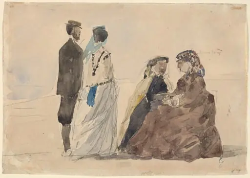 Two Ladies Seated and a Couple Walking on the Beach, by Eugène Boudin