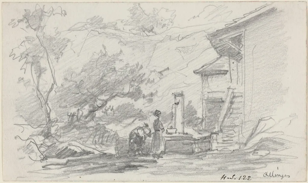 Women at a Well, Allinges, by Eugène Boudin, graphite, 1861