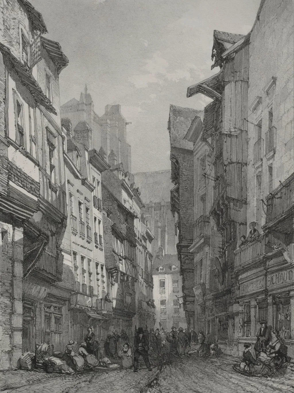 Voyages pittoresques et romantiques dans l'ancienne France. Bretagne: Grande rue vieille à Nantes, by Eugène Ciceri, 1845