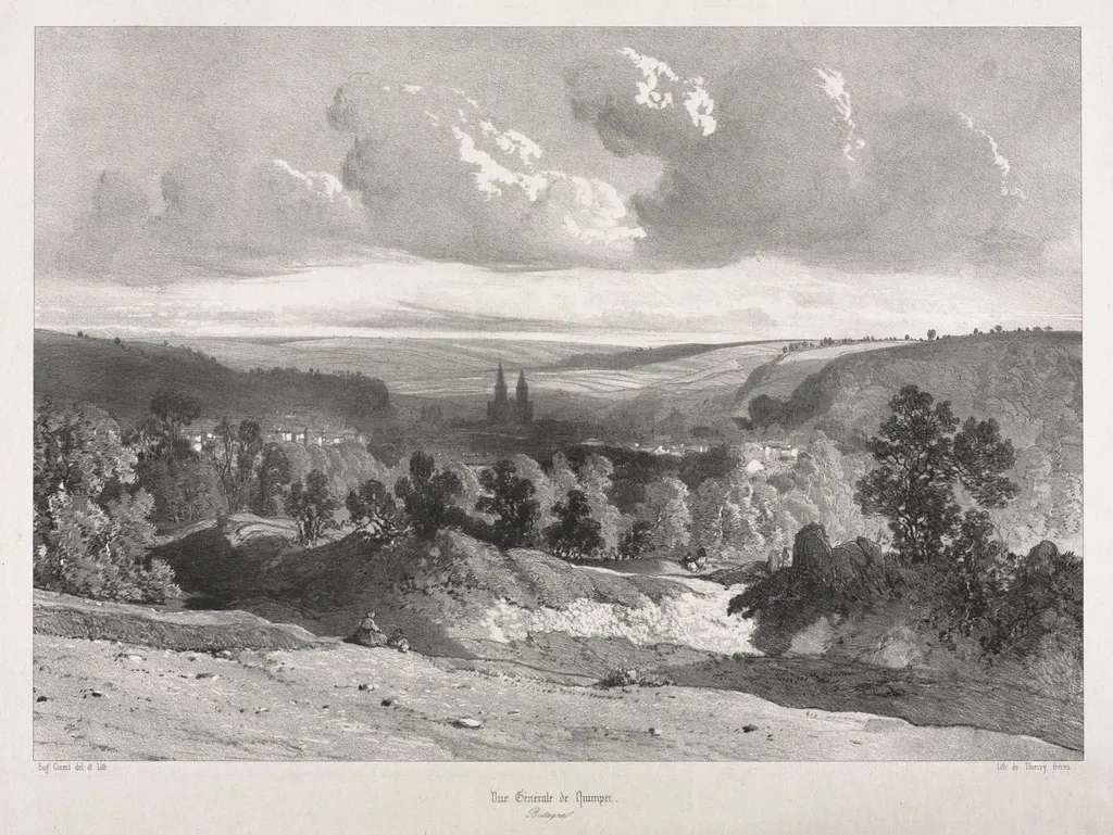 Voyages pittoresques et romantiques dans l'ancienne France. Bretagne: Vue général de Quimper, by Eugène Ciceri, 1845