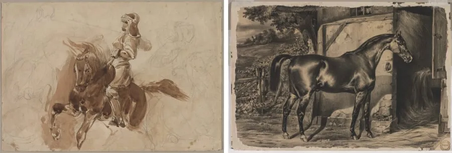 Armored Figure on Horseback (recto); Horse in Front of a Barn (verso), by Eugène Delacroix, 1828