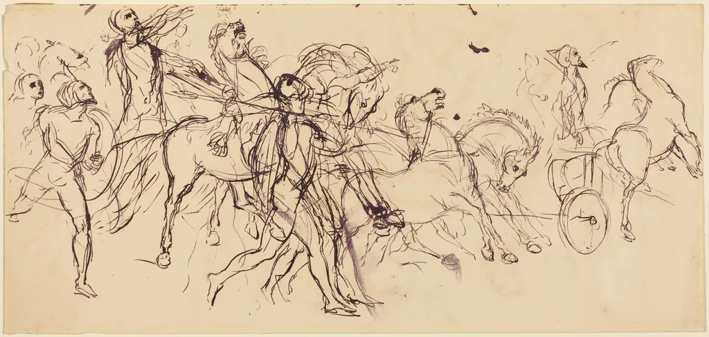 Charioteers (recto and verso), by Eugène Delacroix, ink, 1830