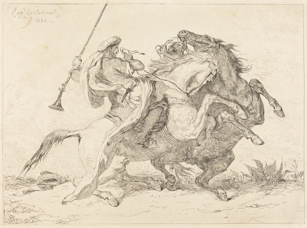 Encounter of the Moorish Horsemen (Rencontre de Cavaliers Maures), by Eugène Delacroix, ink, 1834