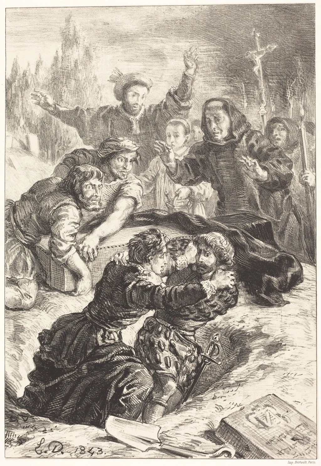 Hamlet and Laertes in the Grave of Ophelia (Act V, Scene I), by Eugène Delacroix, ink, 1843
