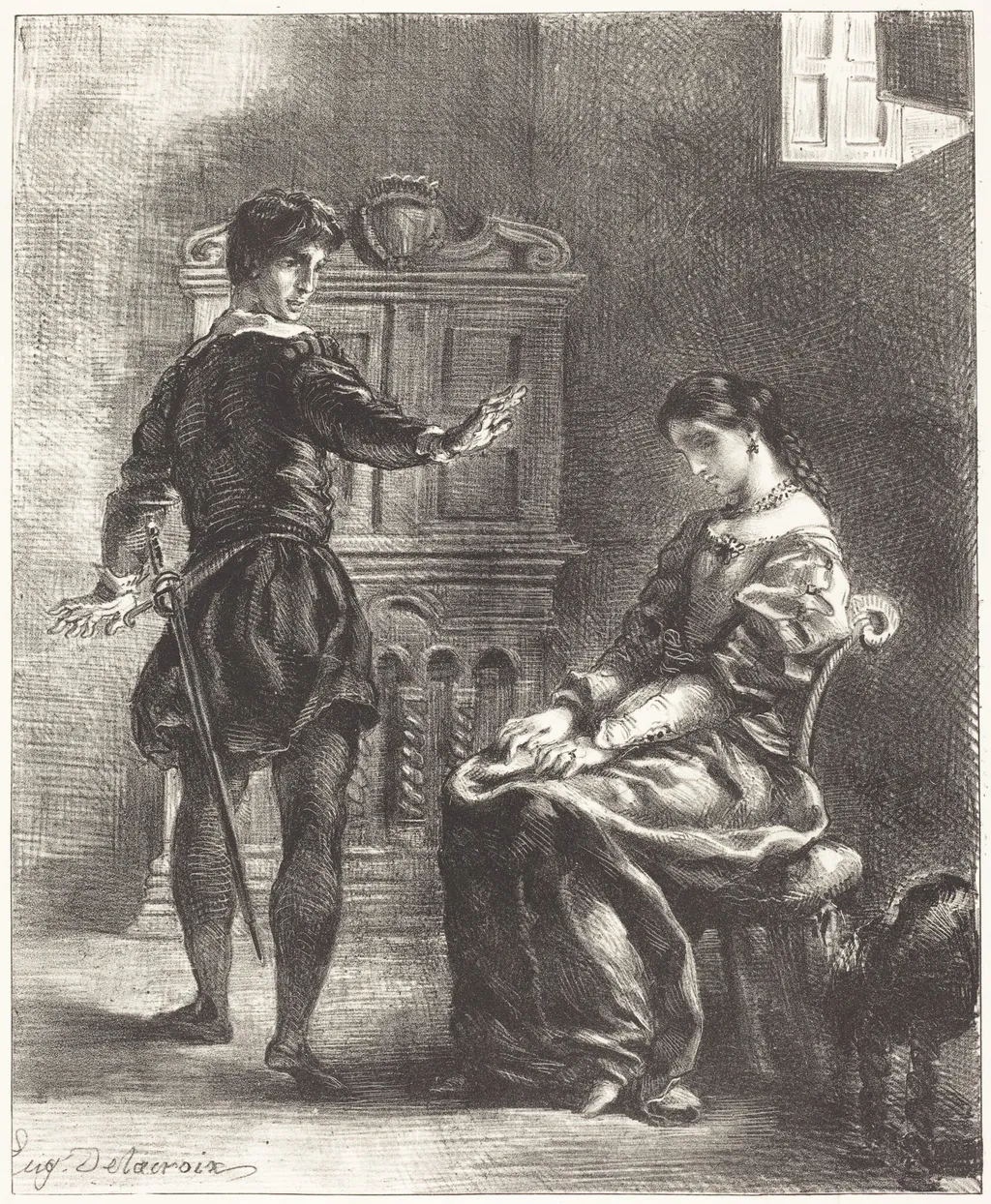 Hamlet and Ophelia (Act III, Scene I), by Eugène Delacroix, ink, 1838