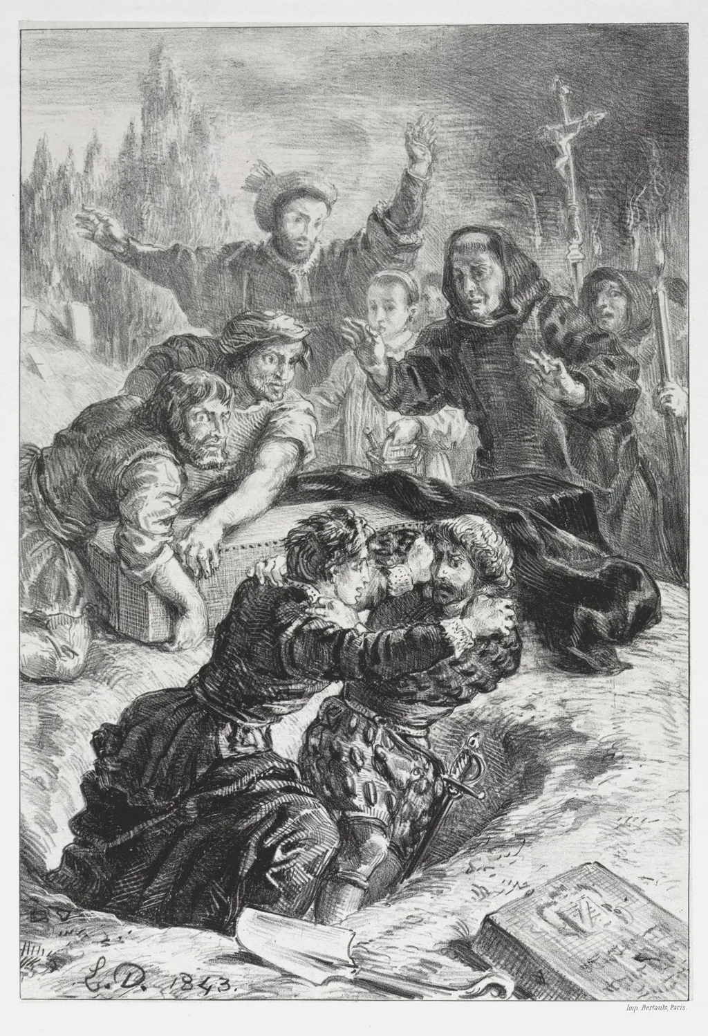 Hamlet: Hamlet and Laertes in the Grave of Ophelia, by Eugène Delacroix, 1843