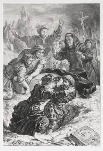 Hamlet:  Hamlet and Laertes in the Grave of Ophelia, by Eugène Delacroix