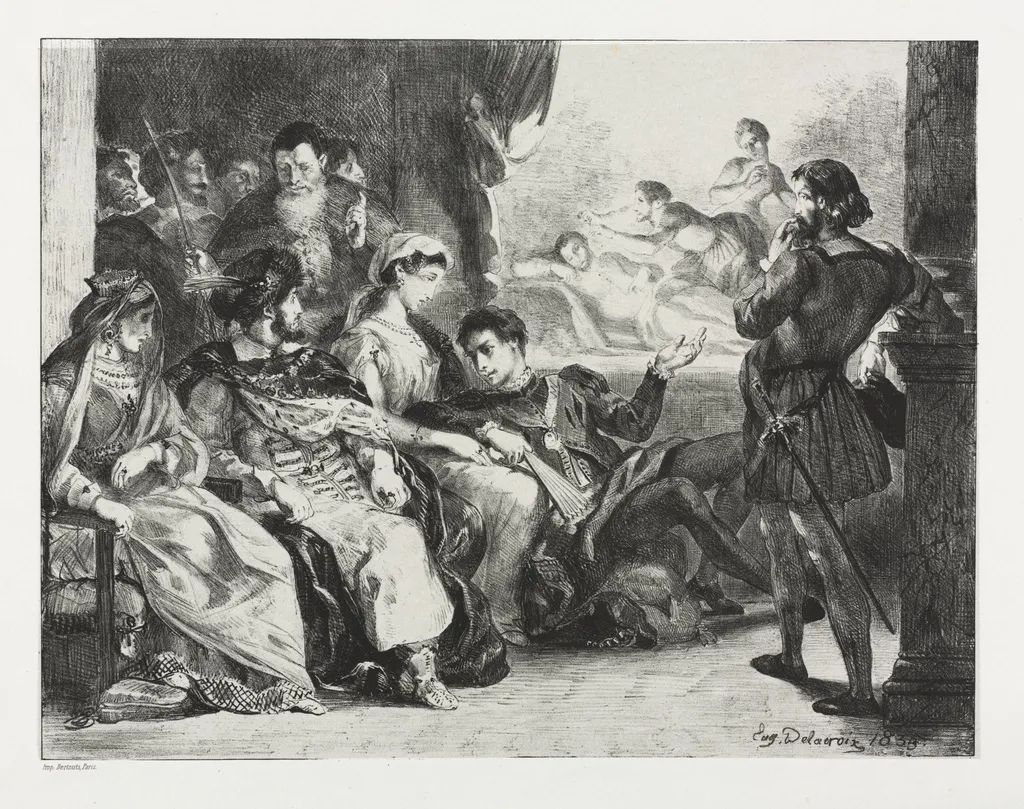 Hamlet: Hamlet Commands the Actors to do a Scene from the Poisoning of his Father, by Eugène Delacroix, 1834