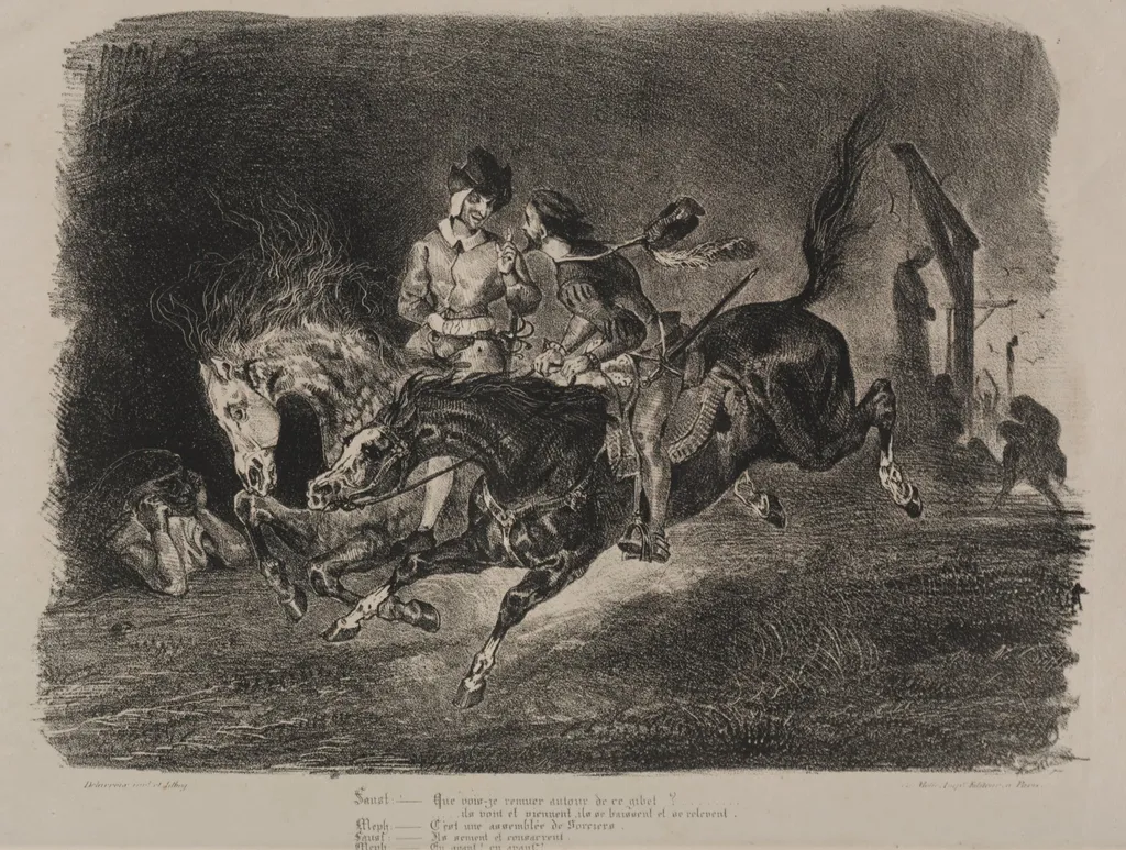 Illustrations for Faust: Faust and Méphistophélés horse riding on the Sabbath, by Eugène Delacroix, 1828