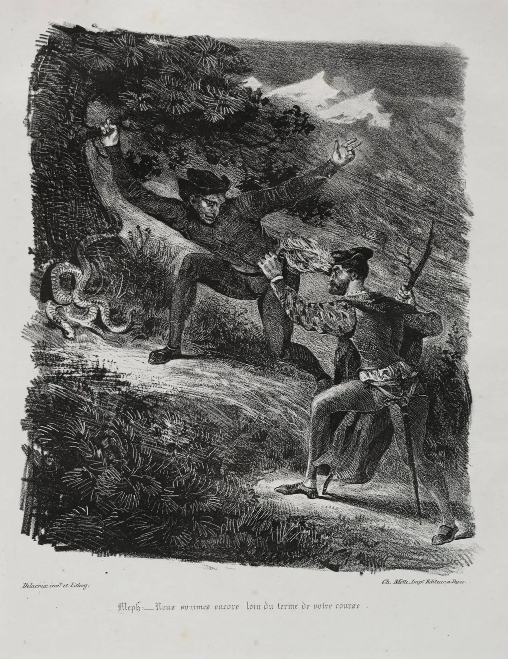 Illustrations for Faust: Faust and Méphistophélés in the mountains of the Hartz, by Eugène Delacroix, 1828