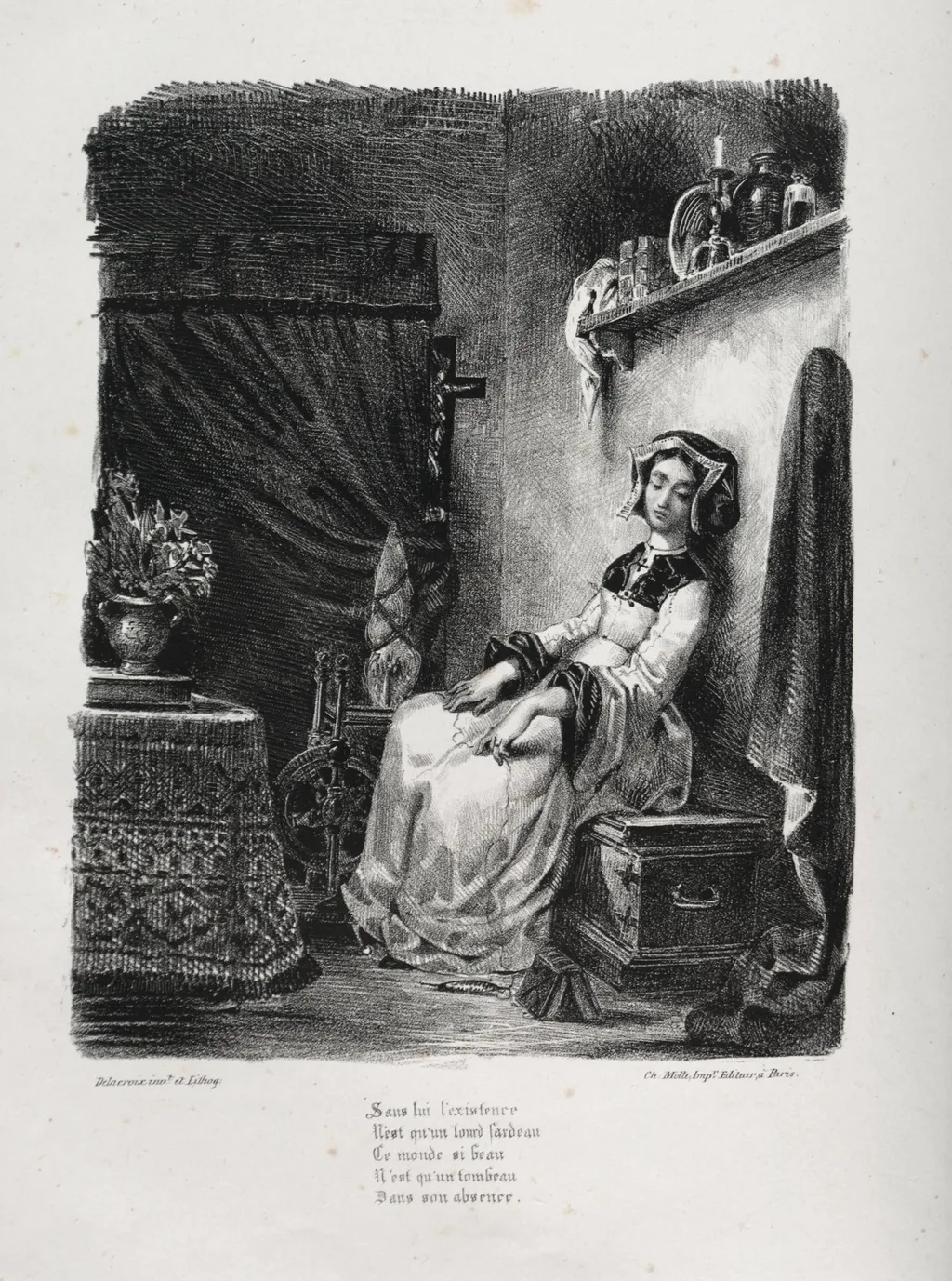 Illustrations for Faust: Marguerite with the wheel, by Eugène Delacroix, 1828