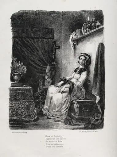 Illustrations for Faust: Marguerite with the wheel, by Eugène Delacroix