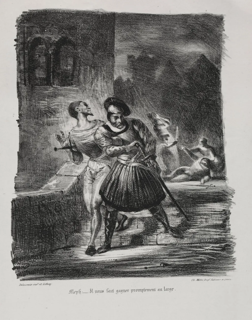 Illustrations for Faust: Méphistophélés and Faust flee after the duel, by Eugène Delacroix, 1828