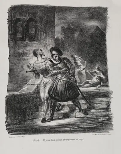 Illustrations for Faust:  Méphistophélés and Faust flee after the duel, by Eugène Delacroix