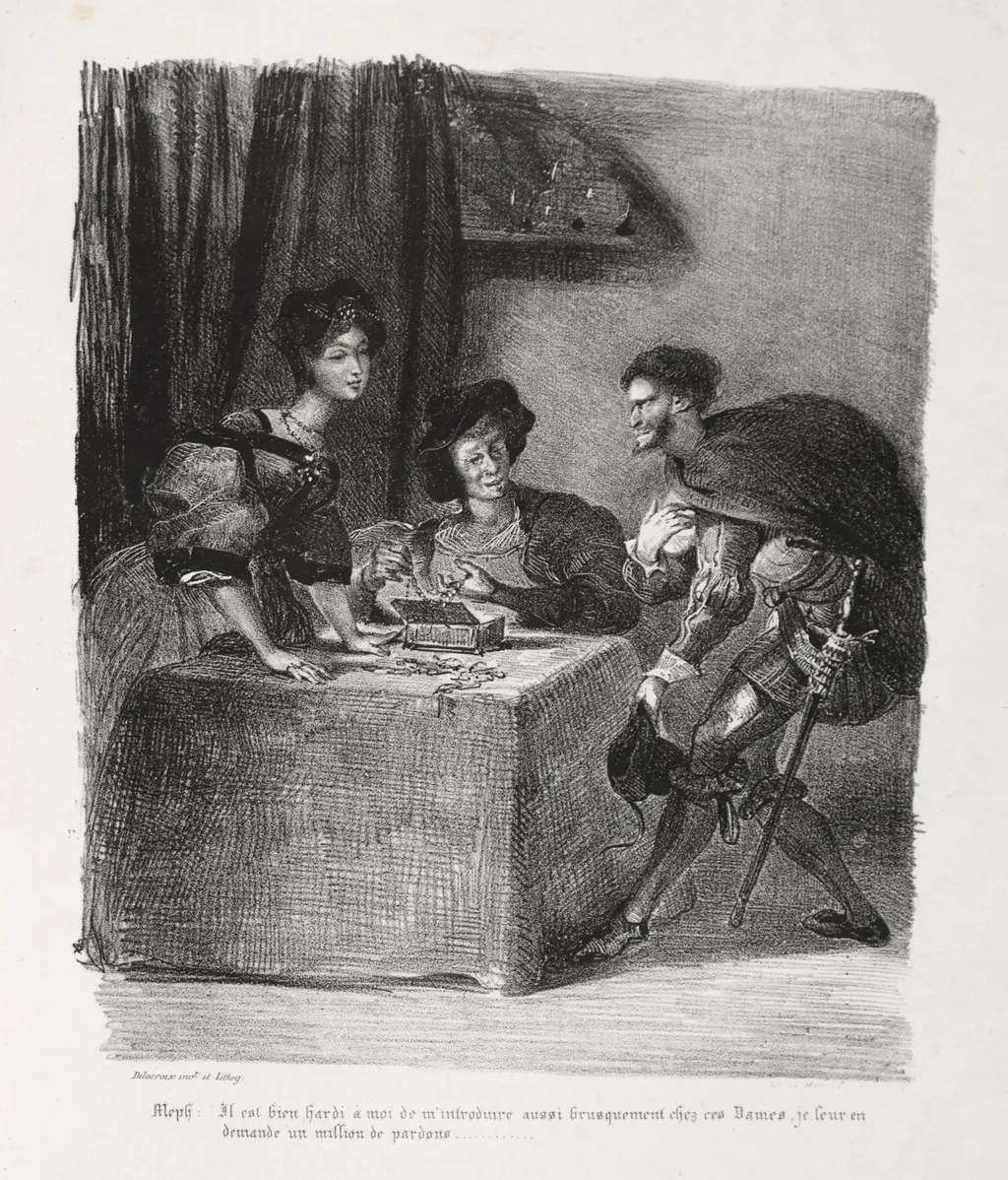 Illustrations for Faust: Méphistophelés is at Marthe, by Eugène Delacroix, 1828