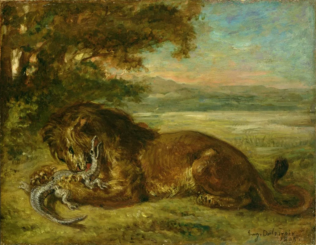 Lion and alligater, by Eugène Delacroix, oil, 1863