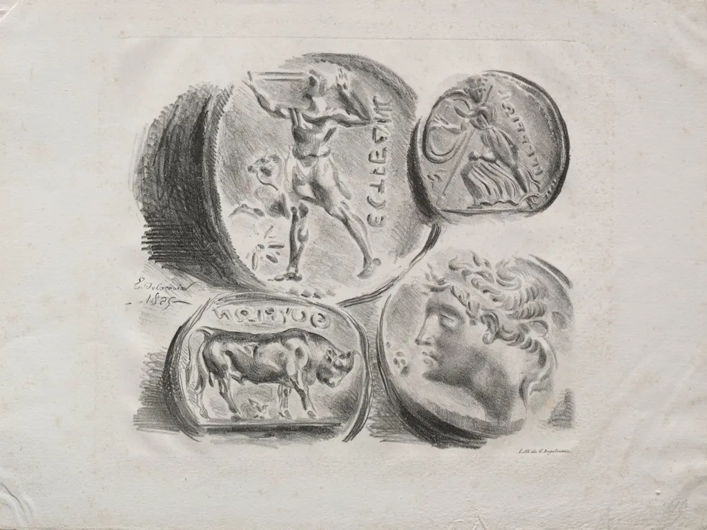 Sheet of Four Antique Medals, by Eugène Delacroix, 1825