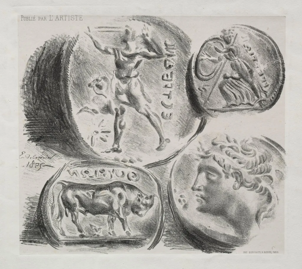 Sheet with Four Antique Medals, by Eugène Delacroix, 1825
