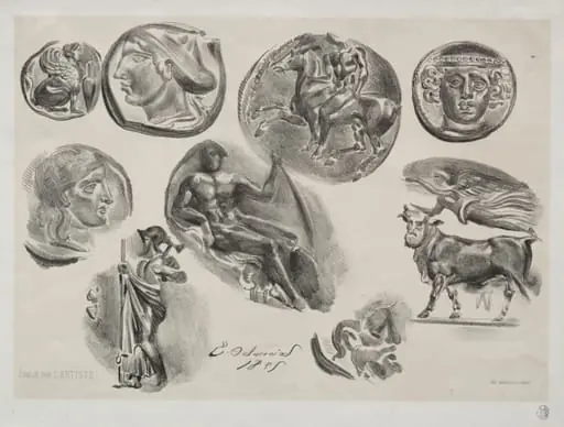 Sheet with Nine Antique Medals, by Eugène Delacroix