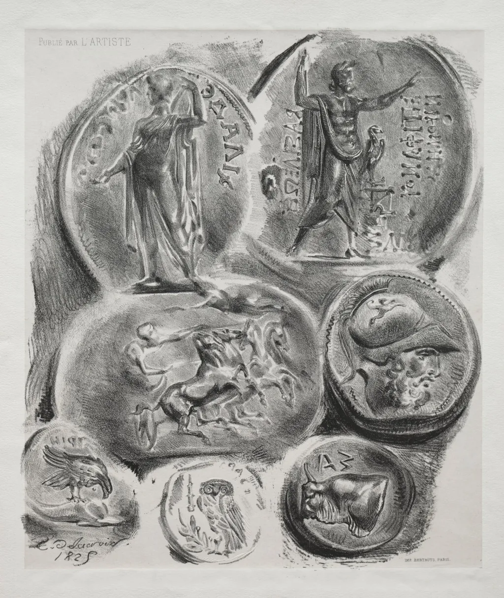 Sheet with Seven Antique Medals, by Eugène Delacroix, 1825