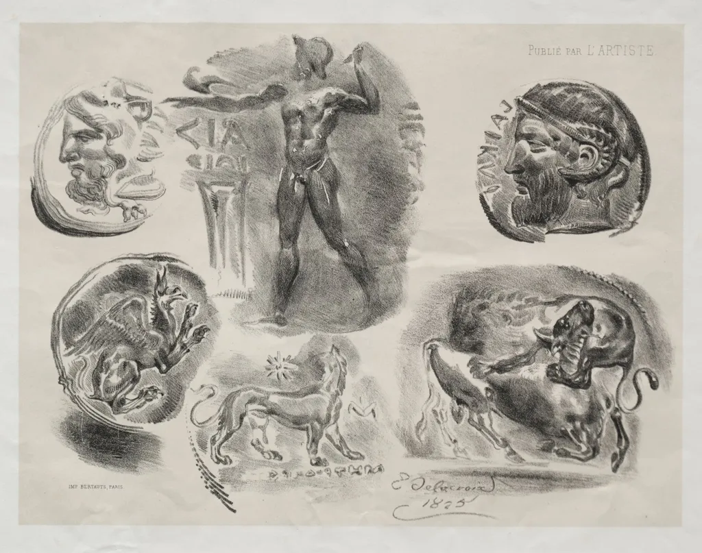 Sheet with Six Antique Medals, by Eugène Delacroix, 1825